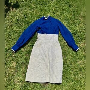 70s Vintage Long Sleeve Navy and Cream Dress